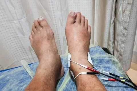 Patient receiving interferential therapy as part of the physiotherapy course to Stock Photos