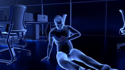 Patient sits on office floor, one hand clutching chest Stockbeeldmateriaal 345012731