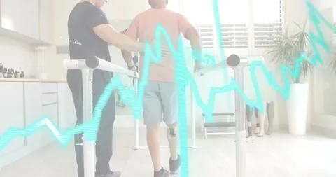 Patient stepping as treadmill starting while therapist guiding gait with Video stock 317330956