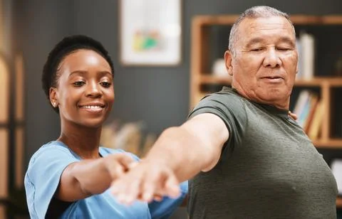 Patient stretching, physiotherapist black woman and physical therapy help for Stock Photos