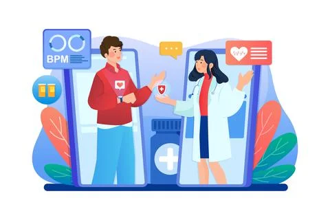Patient talking to doctor using cell phone video call over his heartbeat rate Stock Illustration