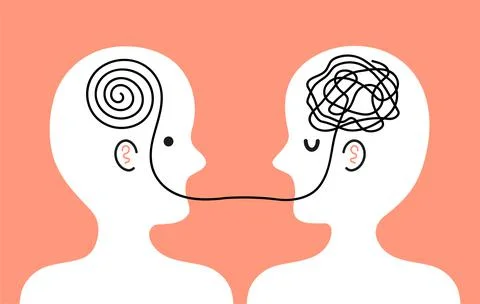 Patient with tangle of messy thoughts in head speak with doctor psychotherapist Stock Illustration