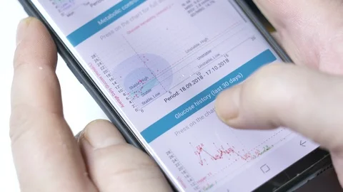 Patient using diabetic logbook app to monitor and manage diabetes on smartphone Stock Footage 98491365