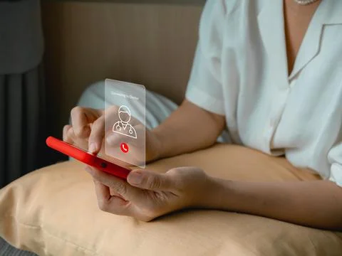 Patient using smartphone to call, connect with doctor from home, illustrati.. Stock Photos
