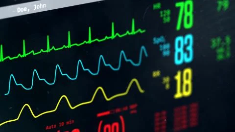 Patient's condition monitored in intensive care unit, screen with vital signs Stock Illustration