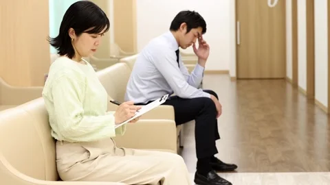 Patients Filling Out Forms and Using Smartphone in Hospital Waiting Room Stock Footage 344237146