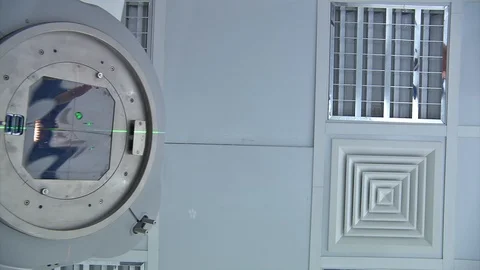 Patients point of view looking up at an oncology cancer radiation machine Stock Footage 90102631