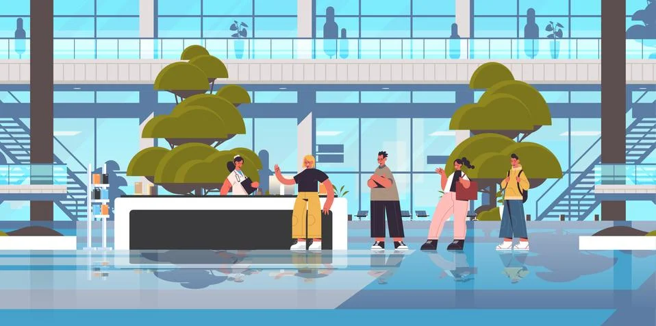 Patients standing line queue at reception counter with receptionist healthcare Illustrazione stock