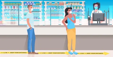 Patients standing queue at pharmacy counter keeping distance to prevent Stock Illustration
