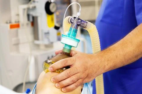 Patient's ventilation with a face mask Stock Photos