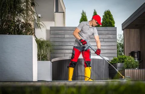 Patio Concrete Bricks Cleaning Using Pressure Washer Фото