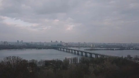 Paton bridge across Dnipro river. One of the most important and famous landmarks Stock Footage 104425282