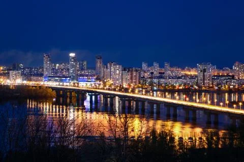 Paton Bridge View and Landscape of Night Kyiv Stock Photos