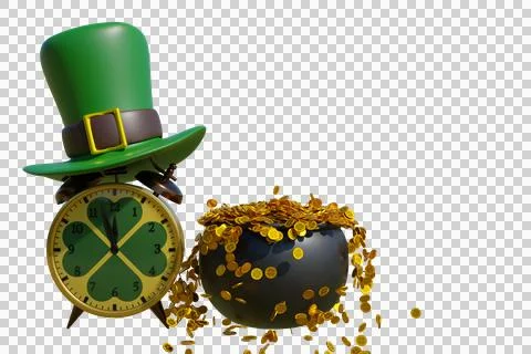 Patrick day. Alarm clock in a leprechaun hat cauldron Illustrazione stock