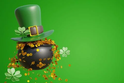 Patrick day. An iron cauldron full of gold coins in a leprechaun hat Illustrazione stock