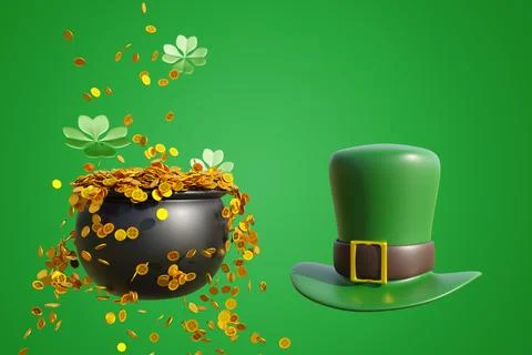 Patrick day. Iron cauldron full of gold coins and a leprechaun hat Illustrazione stock