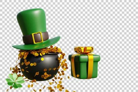 Patrick day. Leprechaun hat cauldron with iron pot full of gold coins gift box Illustrazione stock