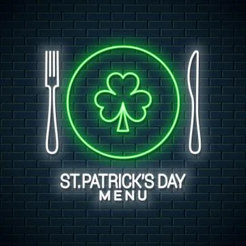 Patrick day neon menu. Fork and knife with plate Stock Illustration