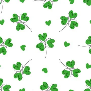 Patrick Day pattern with hearts and green leafs of clover on white background Stock Illustration