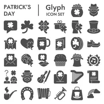 Patrick day solid icon set. Saint Patricks symbols collection, logo Stock Illustration