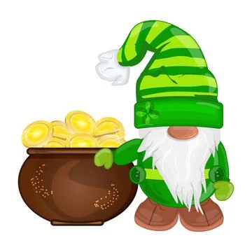 Patrick gnome with pot of gold isolated on white background. St. Patricks Day Stock Illustration
