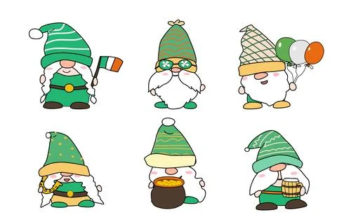 Patrick gnomes in green hats, cute characters set Stock Illustration