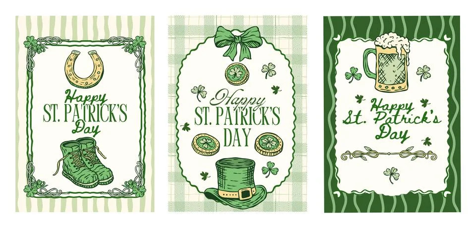 Patrick Greeting Card Poster Vector Set Collection Vintage Handdrawn Boots .. Stock Illustration