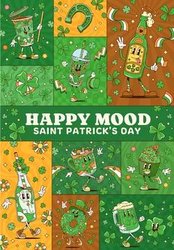 Patrick's Day funky groovy characters collage Stock Illustration