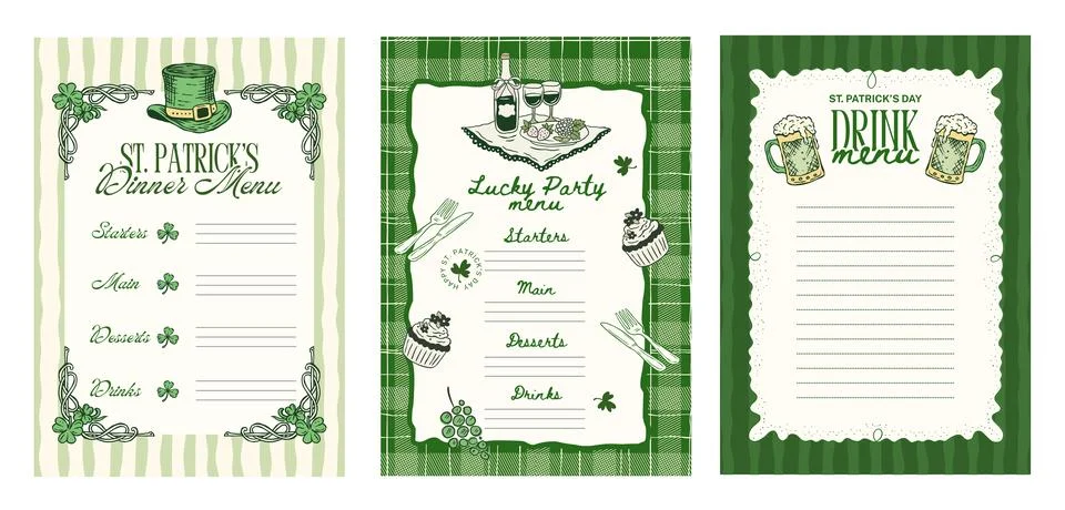 Patricks Day Menu Template Vector Set Collection Vintage Dinner Special For.. Stock Illustration