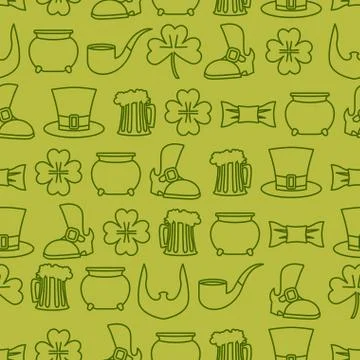 Patricks day seamless background. pattern of an old shoe and mug of ALE. Pot  Stock Illustration