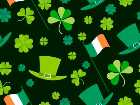 Patrick's Day, seamless pattern with green clover leaves, Irish flag and lepr Stock Illustration