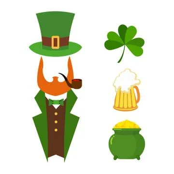 Patricks day set of elements. Green clover. Mug with beer. Big Green pot of g Stock Illustration