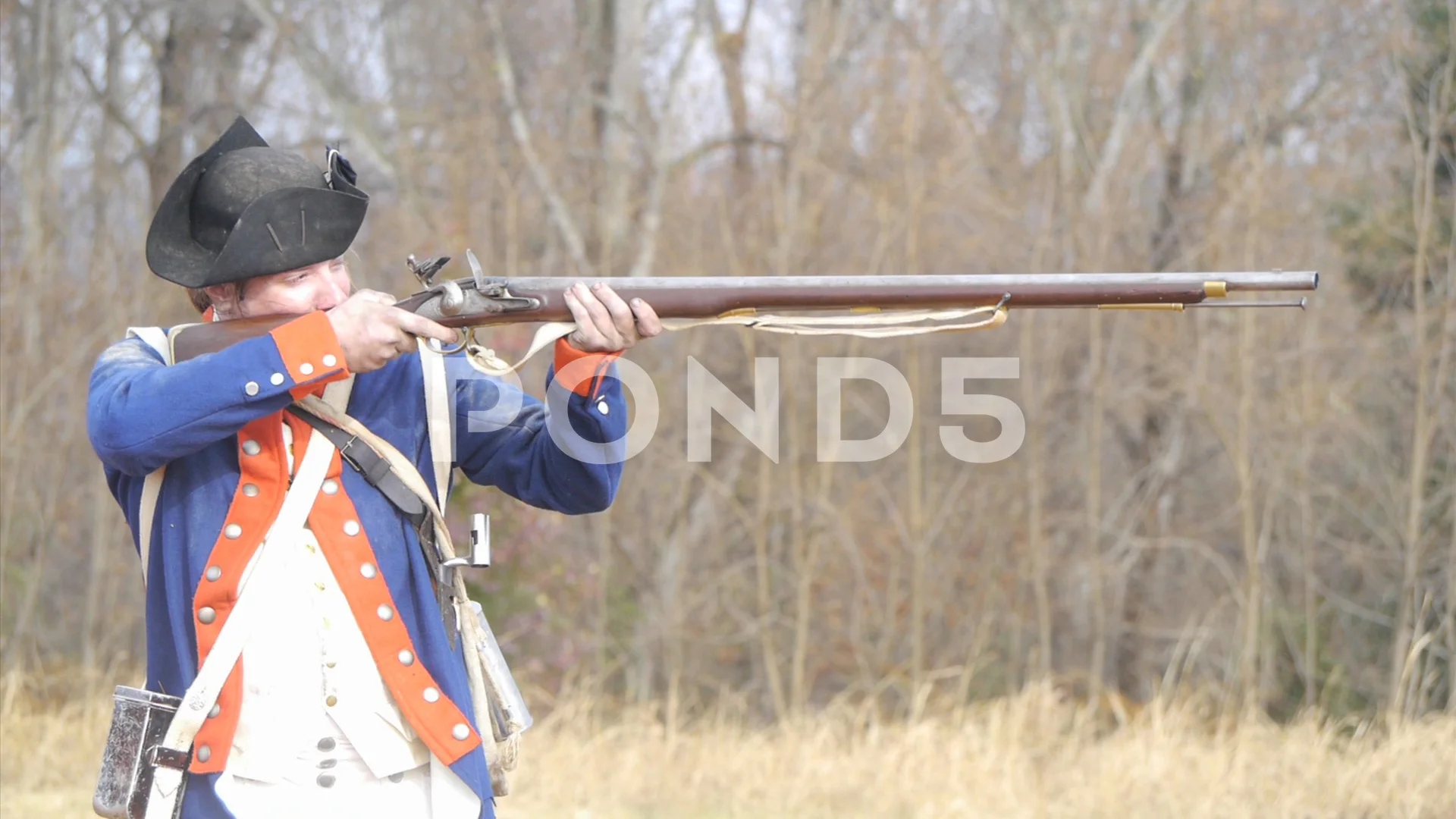 Patriot Soldier firing flintlock musket, Stock Video