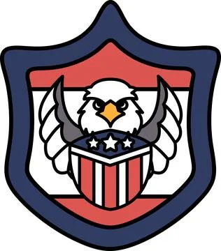 A patriotic eagle is perched on a shield with the American flag Stock Illustration
