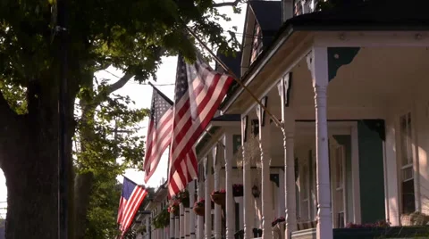 Patriotic Flags Victorian Houses Stock Footage