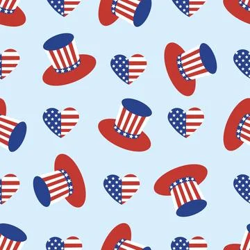 Patriotic seamless pattern with uncle Sam hats and American hearts.  Perfec.. Stock Illustration