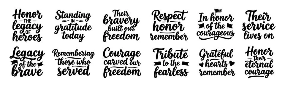 Patriotic Typography Bundle With Honor Courage Freedom Tribute Quotes Stock Illustration