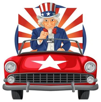 Patriotic Uncle Sam Driving Classic Red Car Stock Illustration