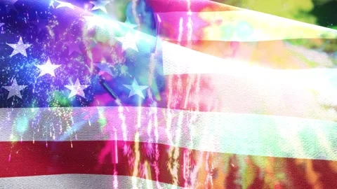 Patriotic USA Flag with Explosive Fireworks Background Stock Footage 308714747