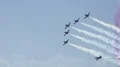 Patrulla Águila with CASA C 101 Aviojet airshow smoking aerobatic flying in sky HD Footage