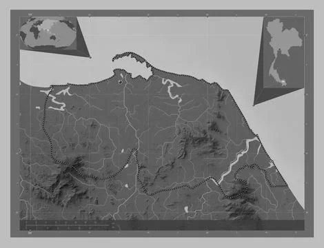 Pattani, Thailand. Grayscale elevation map with lakes and rivers Illustrazione stock