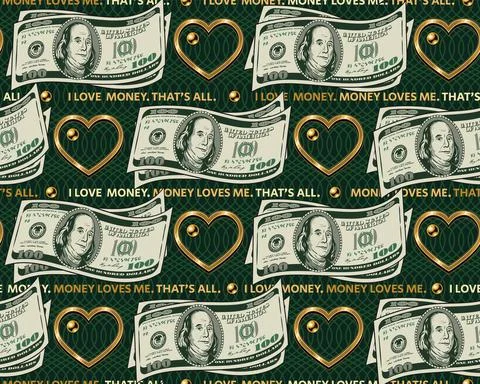 Pattern with 100 dollar bills, gold hearts Illustrazione stock