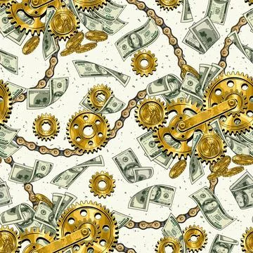 Pattern with 100 US dollar bills, gold one dollar coins, gears, bike chain Stock Illustration