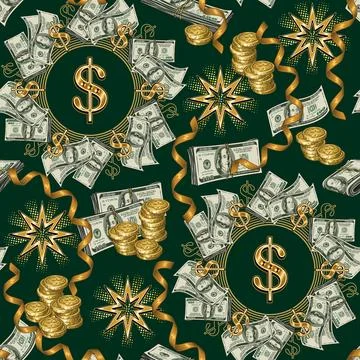 Pattern with 100 US dollar bills, coins, stars Stock Illustration