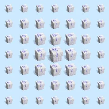 Pattern of 49 gift white paper boxes on light blue background Stock Photos