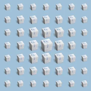 Pattern of 49 gift white paper boxes on pale blue background Stock Photos