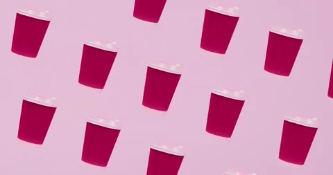 Pattern 4K with many magenta color paper craft coffee cups animated on a pin Video stock 231674488