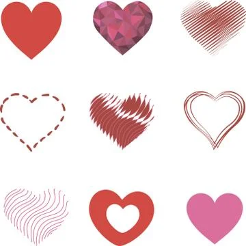 Pattern of 9 red romantic hearts different. Heart and Love Icon Symbol isolated Stock Photos