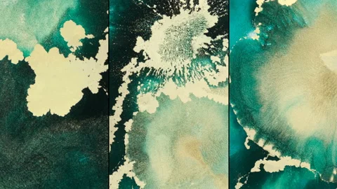 Pattern abstract emerald green gold ink splash, close-up. Vertical video collage Stock Footage 219878203