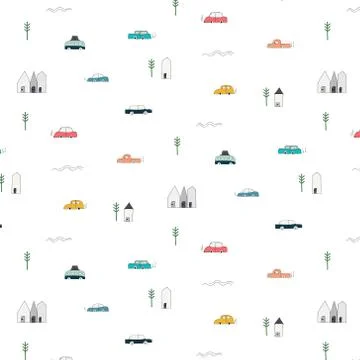 Pattern With Abstract Home Car And Tree Design Elements. Stock Illustration